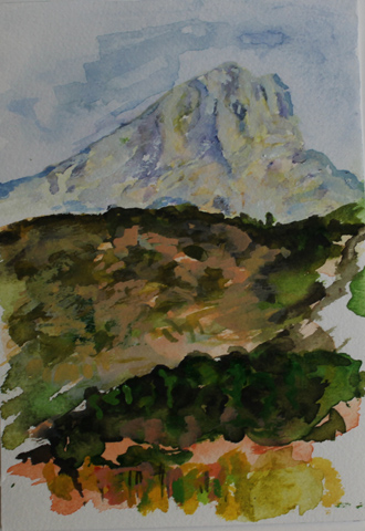 Kirsten Kötter: Montagne Sainte-Victoire vom Barrière (Stausee), 04.10.2013, mittags, Aquarell, 12 × 17 cm