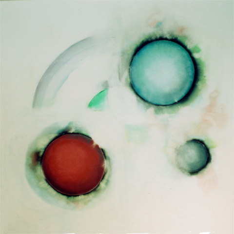 untitled (2 bullets), 2008,
  oil, acrylic, canvas, 120 × 120 cm (Kirsten Kötter) /
  ohne Titel (3 Kugeln)