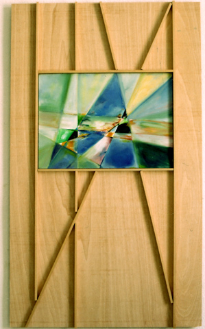 Construction of time in space, 2009,
  oil, acrylic, wood, wooden slats, 145 × 85 cm (Kirsten Kötter) /
  Konstruktion von Zeit in Raum