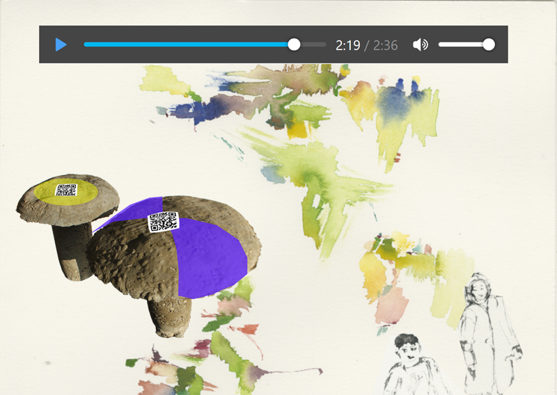 Künstlerische Collage zum Kunstprojekt Pilznetz Neukölln von Kirsten Kötter: Audiobalken, abstraktes Aquarell, Skizze mit zwei Menschen, zwei teilweise bemalte Pilze aus Beton mit QR-Codes