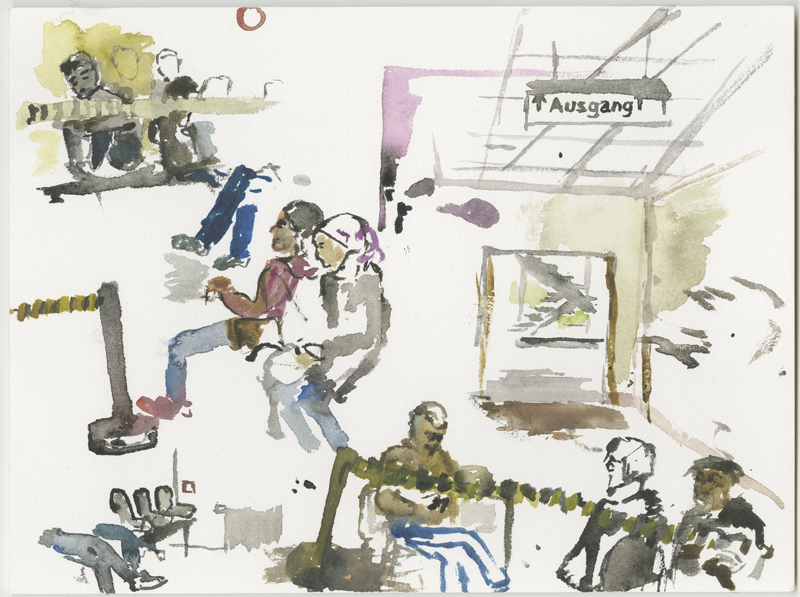 2016-04-14_52-52725_13-34790_lageso_skizze2, refugees in the waiting room, sketch, 24 x 32 cm (Kirsten Kötter)