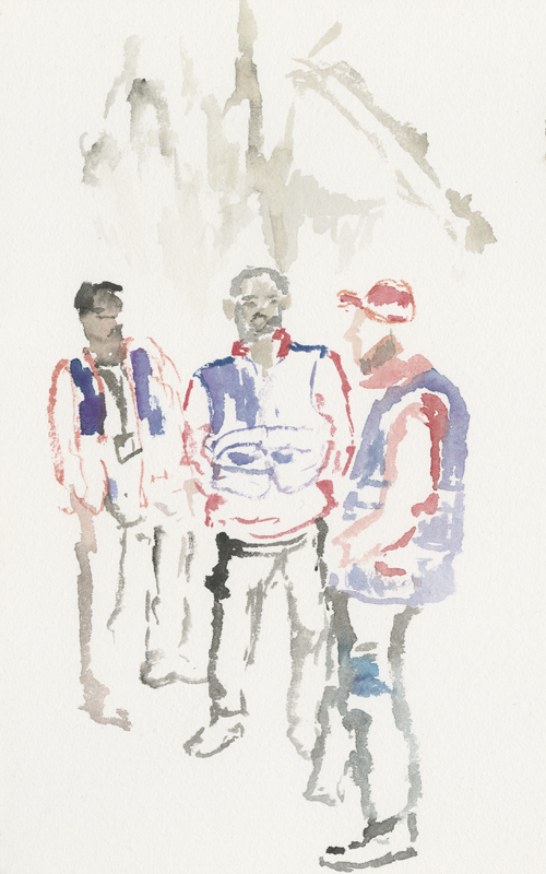 2016-05-02_52-52725_13-34790_lageso_skizze1, security staff in front of the entrance to the LAGeSo, sketch, 24 x 32 cm (Kirsten Kötter)