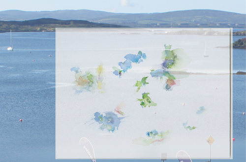 2019-06-11_17_irl-glengarriff-hotel, clouds over the sea, window-view, Eccles hotel, Glengarriff, Galway (Ireland), water colour, 24 x 32 cm, photo, digital montage (Kirsten Kötter)