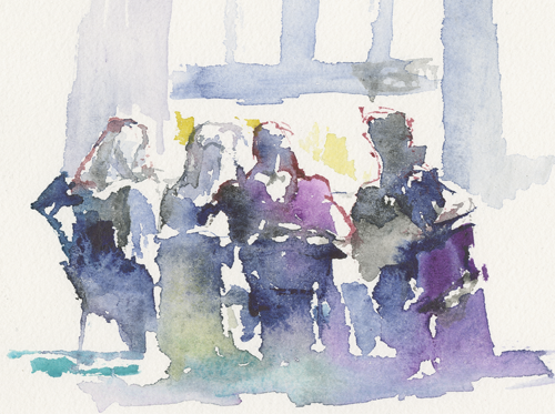 2015-04-05_sehitlik-moschee_skizze, in the women's room of the Sehitlik mosque, women are reading the Koran before prayer, sketch, water colour, image section of 24 x 32 cm (Kirsten Kötter)