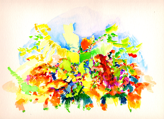 Kirsten Kötter: Site-specific painting, Malerei vor Ort, Garten Escheberg, Juni 2005, Aquarell, 30 × 40 cm