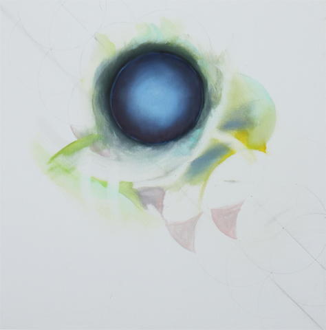 untitled (Blue bullet), 2009,
  oil, acrylic, canvas, 60 × 60 cm (Kirsten Kötter) /
  ohne Titel (Blaue Kugel)