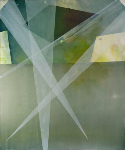 Laser beams, 2007 / 2011, oil, acrylic, canvas, palimpsest (overpainting Tank),
  120 × 100 cm (Kirsten Kötter) / ohne Titel (Laserstrahlen), Palimpsest (Übermalung Panzer)