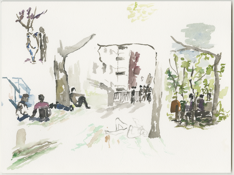 2016-04-13_52-52725_13-34790_lageso_skizze2, refugees waiting, 
  talking and sleeping in the sun at noon in front of the LAGeSo, 
  sketch, 24 x 32 cm (Kirsten Kötter)