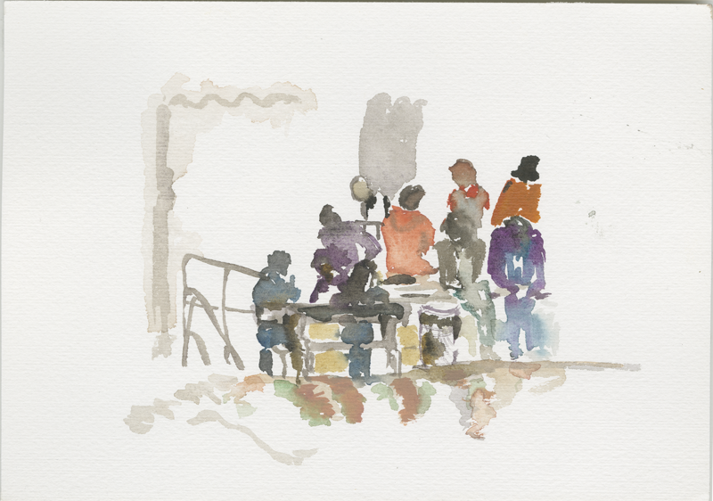 2016-04-21_52-52725_13-34790_lageso_skizze2, refugees in front of the tents, sketch, 17 x 24 cm (Kirsten Kötter)