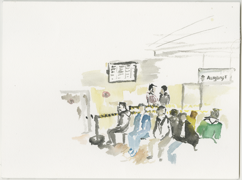 2016-05-02_52-52725_13-34790_lageso_skizze3, waiting room in the LAGeSo, sketch, 24 x 32 cm (Kirsten Kötter)