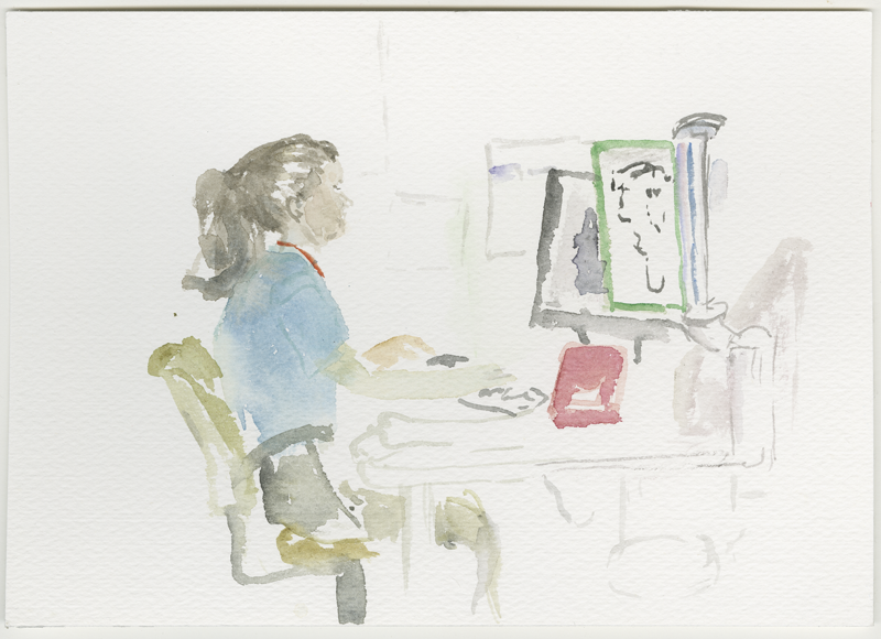 2016-07-18_69-75705_27-0088_kevo-elina_skizze, Elina Vainio sitting in the office, sketch, 17 × 24 cm (Kirsten Kötter)