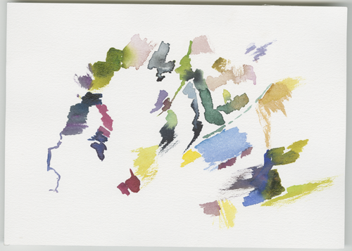 2017-10-04_walkmuehle-axel, participative music project by Axel Schweppe with about 10 persons, watercolour, 17 × 24 cm (Kirsten Kötter)
