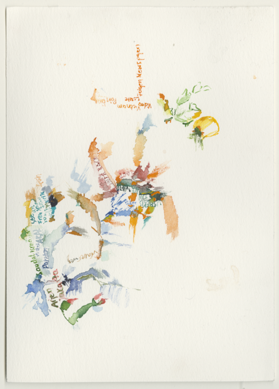 2021-11-05, Symposium "Urun Rembuk", documenta fifteen, watercolour, 24 × 17 cm (Kirsten Kötter): Protocol Arjen (ruangrupa), Saodat Ismailova, Nguyen Trinh Thi