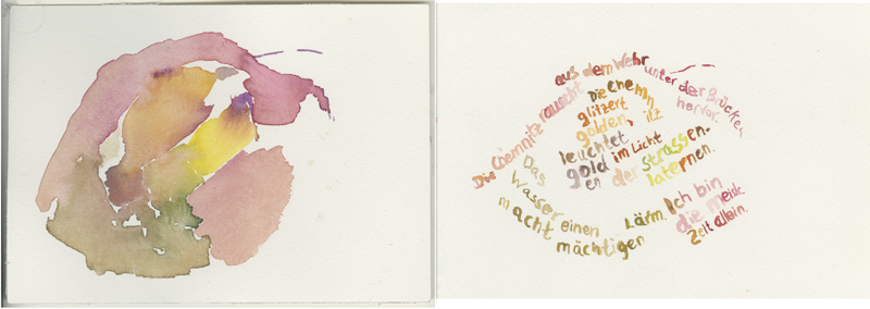 Kirsten Kötter: 2024-12-17, Chemnitz, DJH, Zimmer 403. Aquarell, 12 × 17 cm, mit Text. Pilznetz Chemnitz